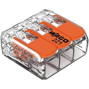 Borne WAGO 221 Mini 3x4mm² à leviers souple & rigide   Réf Rexel : BIWAG221-413  Réf Fab :   221-413  EAN13 :  4050821808442