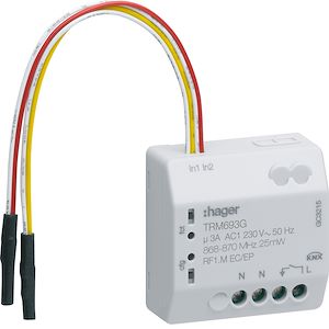 micromodule 1 sortie éclairage ON/OFF 3A 230V + 2 entrées filaires, KNX radio   Réf Rexel : BIHAGTRM693G   Réf Fab : TRM693G   EAN13  : 3250615988805