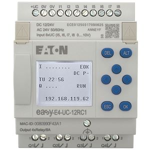 Eaton industries Appareil de base 12/24 VDC,24 VAC, afficheur, 8E TOR dont 4 ana, 4S relais  Réf Rexel : BIEON197211  Réf Fab :EASY-E4-UC-12RC1   EAN13 :  4015081939480