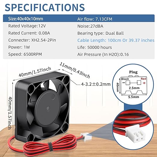 Wathai Lot de 2 petits ventilateurs de refroidissement 40 mm x 10 mm CC 12 V 6500 tr/min double boule sans balais 12 V pour imprimante 3D, amplificateur, boîtier d'ordinateur, chargeurs de batterie   RefFabricant:  Wathai  ASIN: B0C6XRRZNR