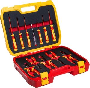 HÖGERT TECHNIK Lot de 12 outils électriciens isolés 1000 V tournevis manuel, tournevis plat et cruciforme, pinces, test de tension, coffret en plastique