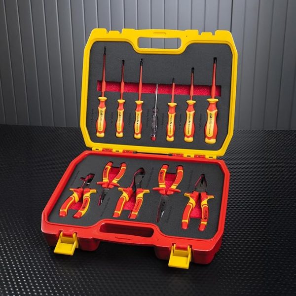 HÖGERT TECHNIK Lot de 12 outils électriciens isolés 1000 V tournevis manuel, tournevis plat et cruciforme, pinces, test de tension, coffret en plastique